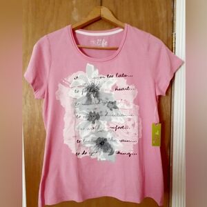Made For Life Pink and Gray Floral Graphic Tee 100%Cotton Size L